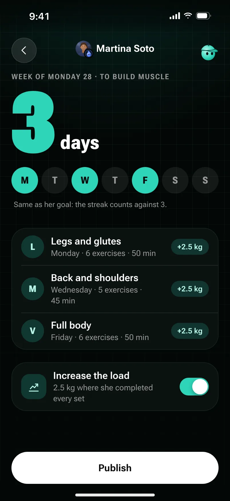 The coach builds a person’s week: three days, Monday, Wednesday and Friday, each with its own session (legs and glutes, back and shoulders, full body).