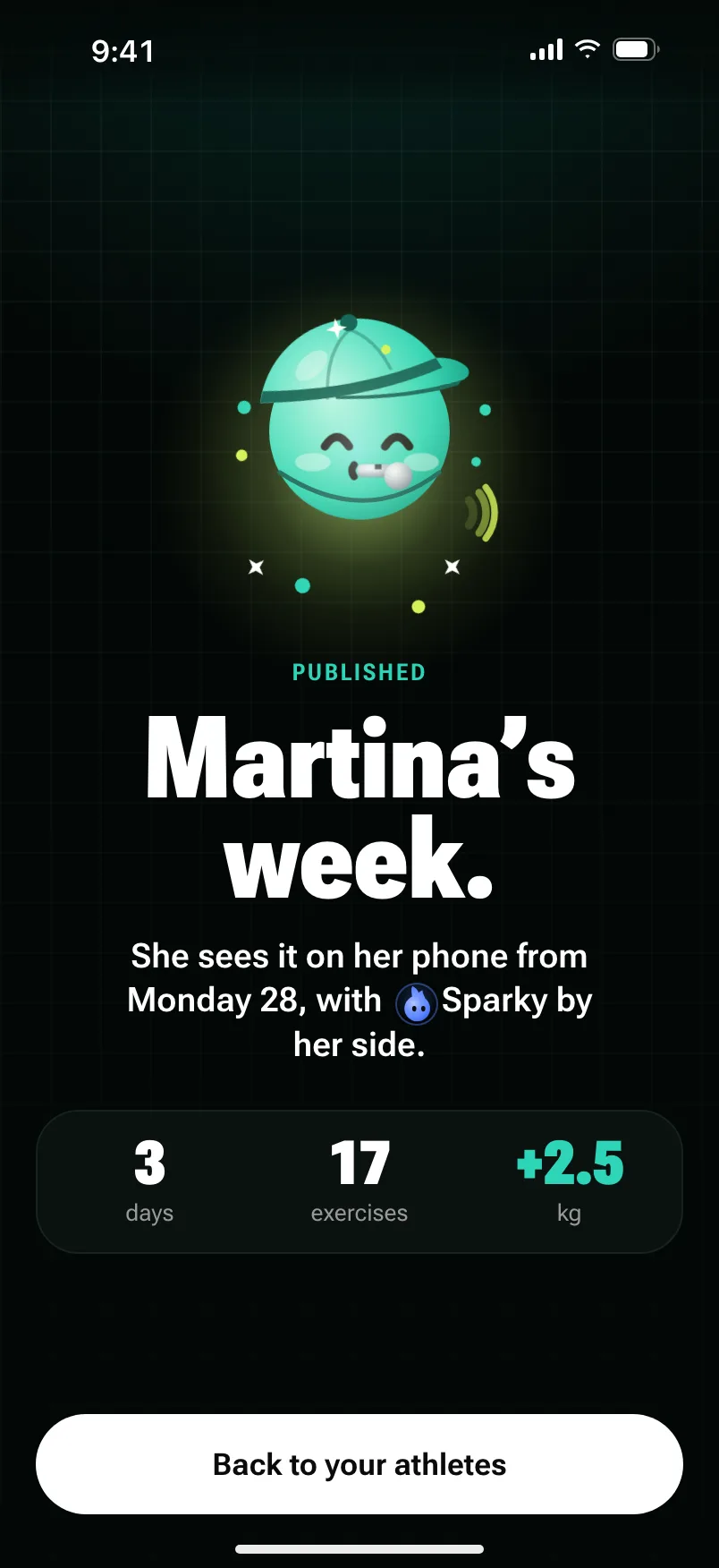 The published week: the person sees it on their phone, with 3 days, 17 exercises and 2.5 more kilos.