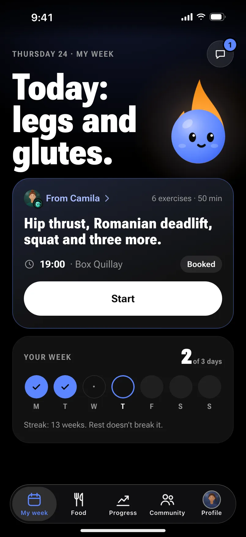 My week in the app: “Today: legs and glutes,” with the session their coach left for 19:00 and the Start button.