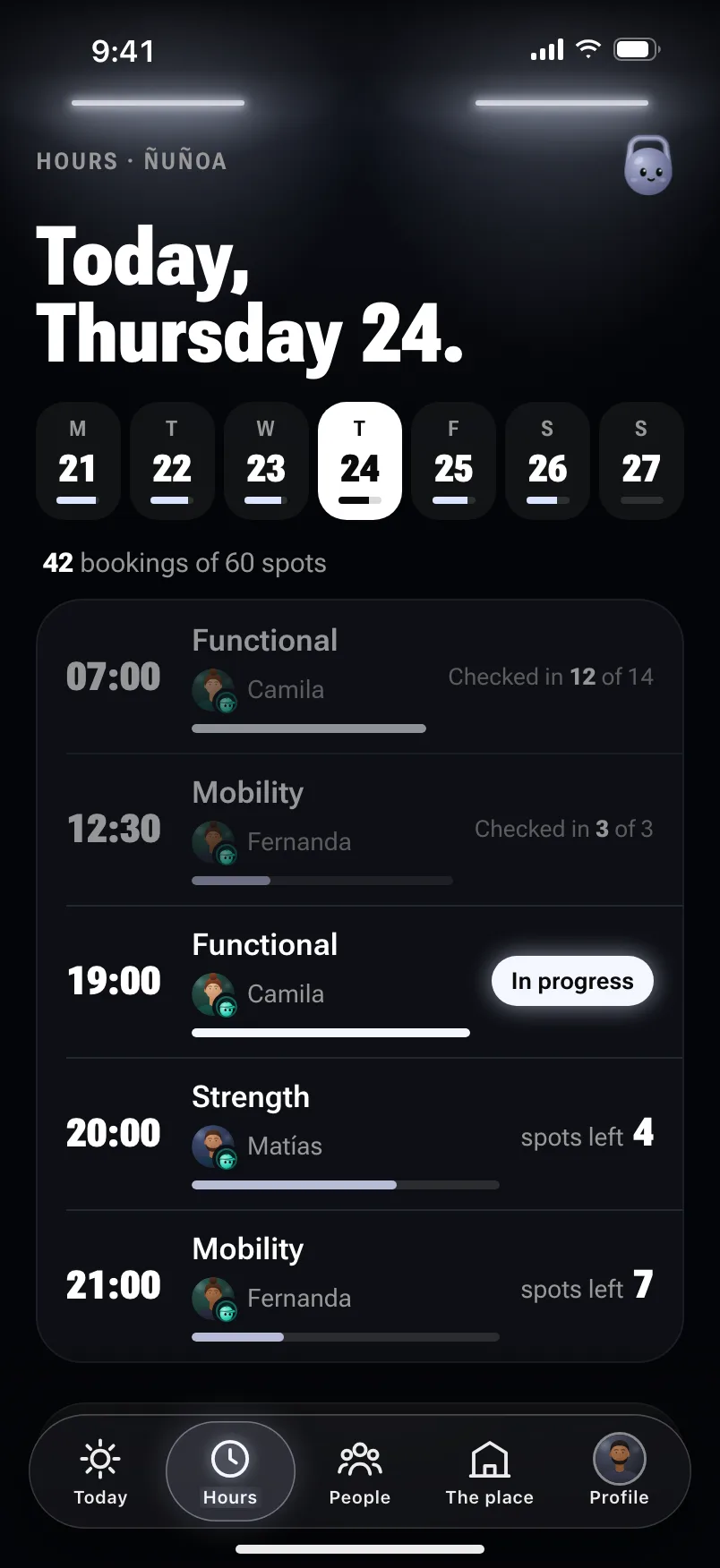 The gym’s schedule: the week, 42 bookings of 60 spots, and each class with its coach and what’s left (Functional 19:00 in progress, Strength 20:00 with 4 spots, Mobility 21:00 with 7).
