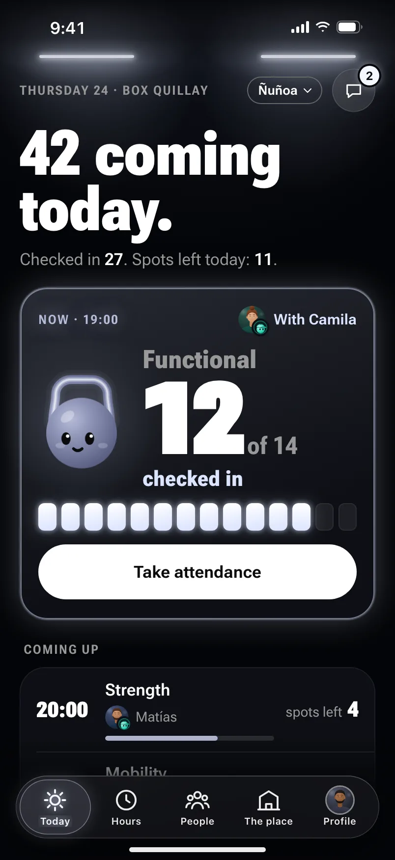 The gym’s Today screen: “42 coming today,” 11 spots left in the day, and the 19:00 Functional class with 12 of 14 checked in and the Take attendance button.