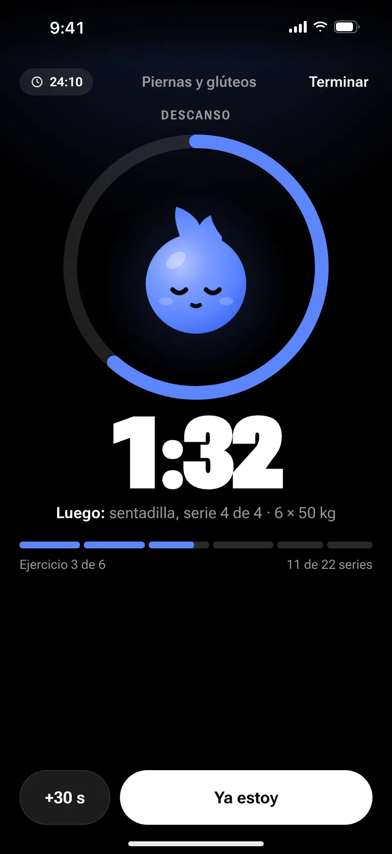 El descanso: 1:32 en un anillo que corre, con lo que sigue (sentadilla, serie 4 de 4, 6 por 50 kilos).
