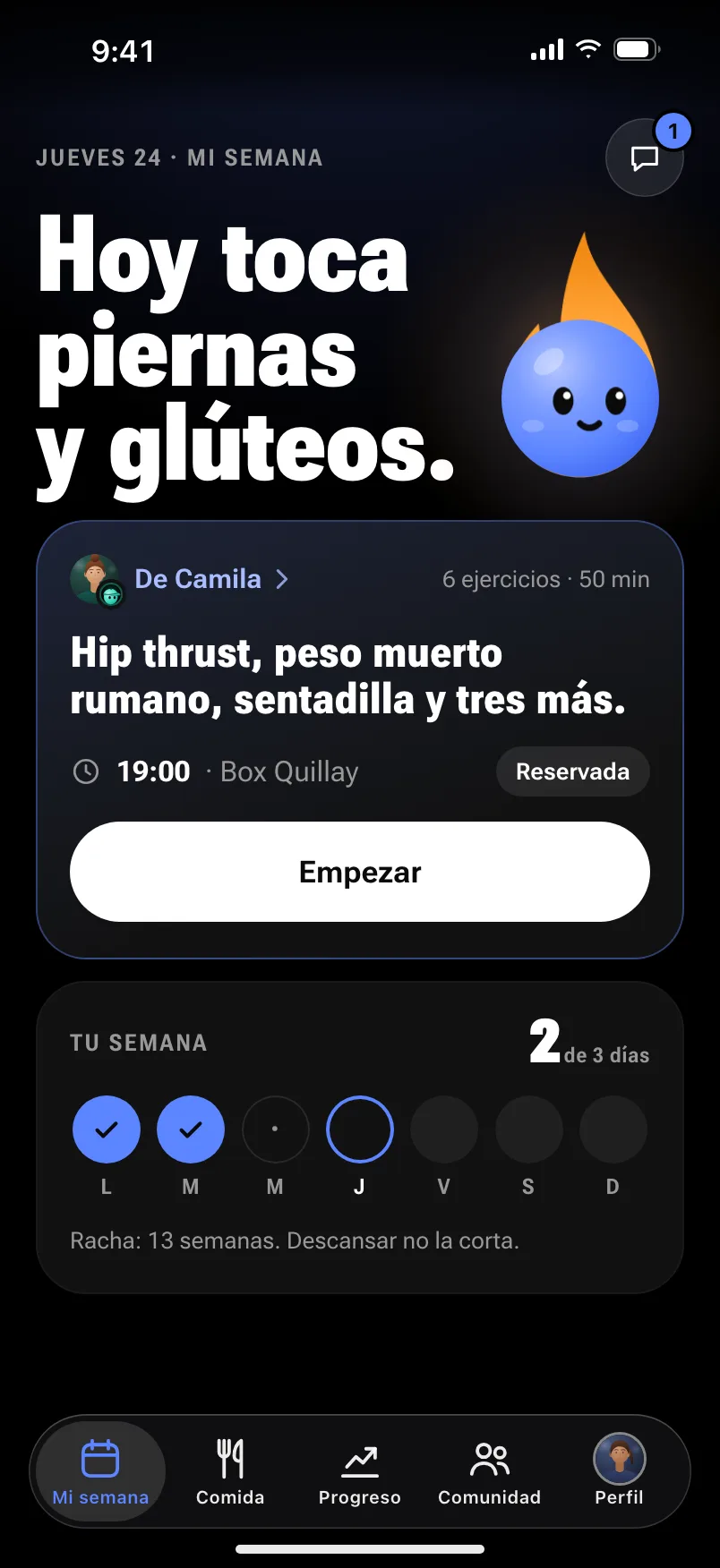 Mi semana en la app: «Hoy toca piernas y glúteos», con la sesión que le dejó su coach para las 19:00 y el botón Empezar.