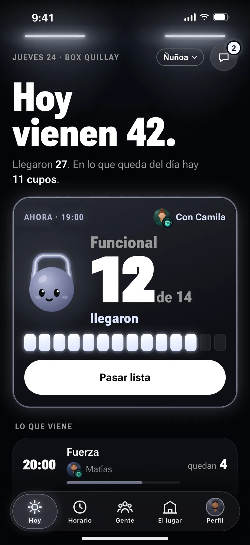 El Hoy del gimnasio: hoy vienen 42 personas, quedan 11 cupos en el día, y la clase funcional de las 19:00 con 12 de 14 que llegaron y el botón Pasar lista.