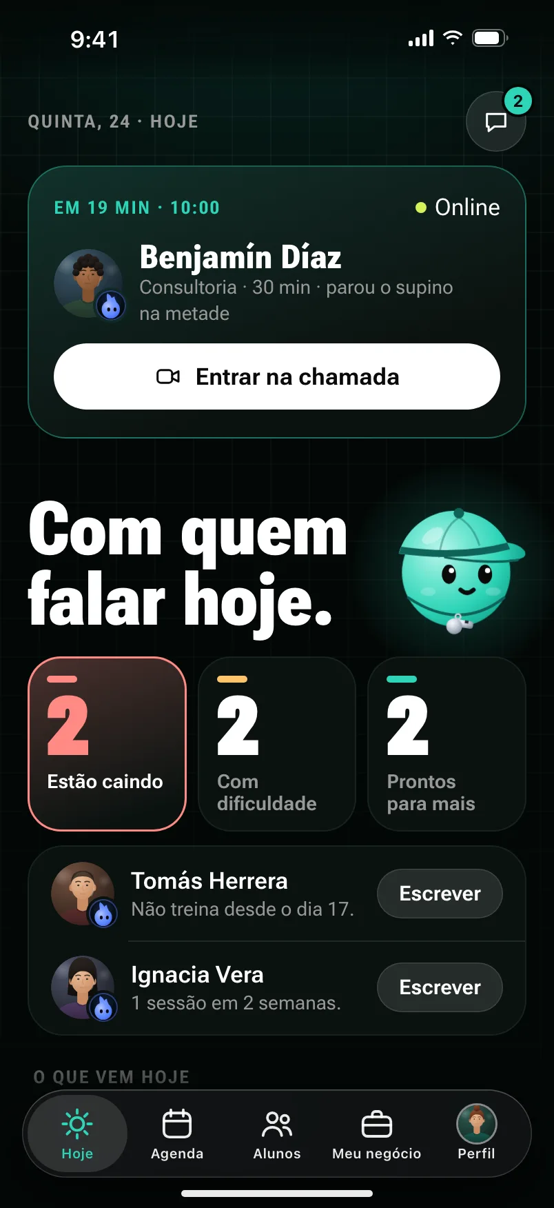 A tela Hoje do coach: com quem falar hoje, em três grupos (2 estão caindo, 2 com dificuldade e 2 prontos para mais), e duas pessoas com o botão Escrever.