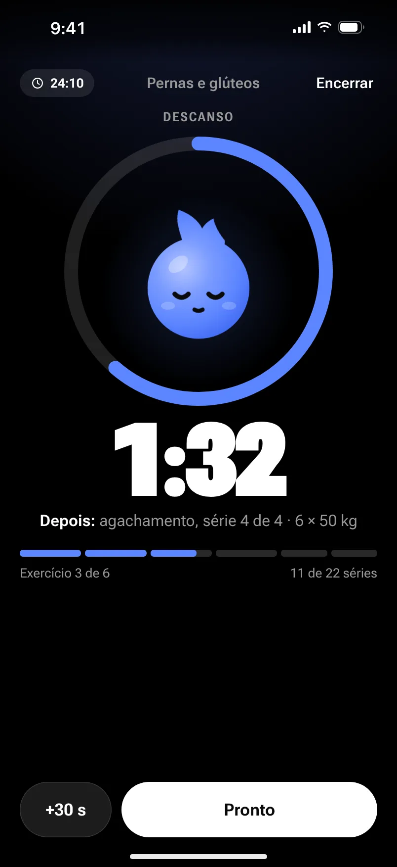 O descanso: 1:32 num anel em contagem regressiva, com o que vem depois (agachamento, série 4 de 4, 6 repetições com 50 quilos).