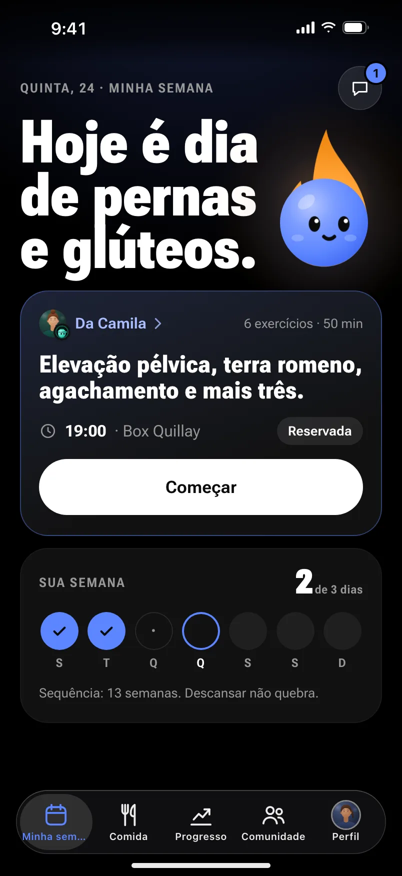 Minha semana no app: “Hoje é dia de pernas e glúteos”, com a sessão que o coach deixou para as 19:00 e o botão Começar.