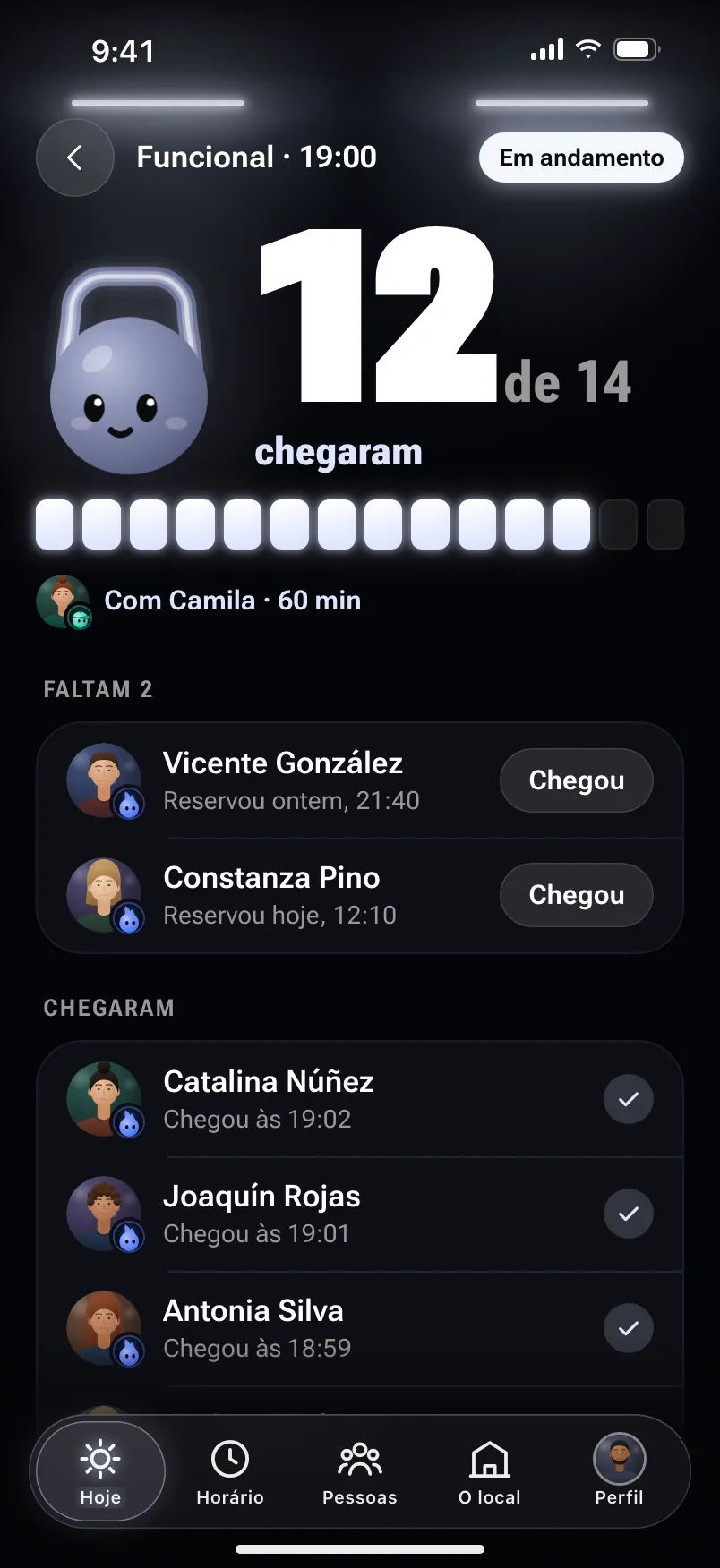 Fazer a chamada na aula das 19:00: chegaram 12 de 14, e faltam 2, cada um com o botão Chegou.